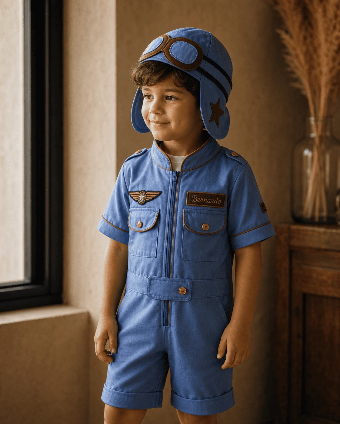 Ensaio fotográfico · criança em Macacão Aviador azul claro com touca · interior atelier vintage · Costuragi