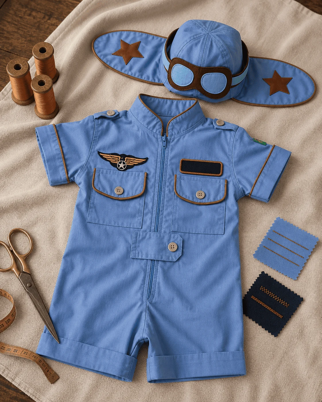 Conjunto Macacão Aviador completo · macacão azul claro com vivo cobre · touca com óculos de feltro · aviãozinho de madeira · flat-lay vertical editorial Costuragi