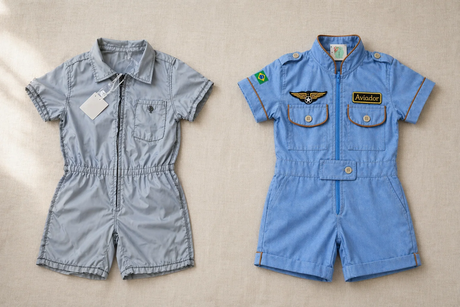 Comparativo lado a lado sobre fundo linho cru · à esquerda macacão infantil de fast-fashion em poliéster cinza-azulado com overlock aparente e etiqueta plástica pendurada · à direita Macacão Aviador azul chambray com brasão alado dourado, etiqueta Aviador bordada gold-on-black, viés caramelo nos bolsos e acabamento de ateliê · duas peças da mesma categoria, dois territórios de mercado diferentes