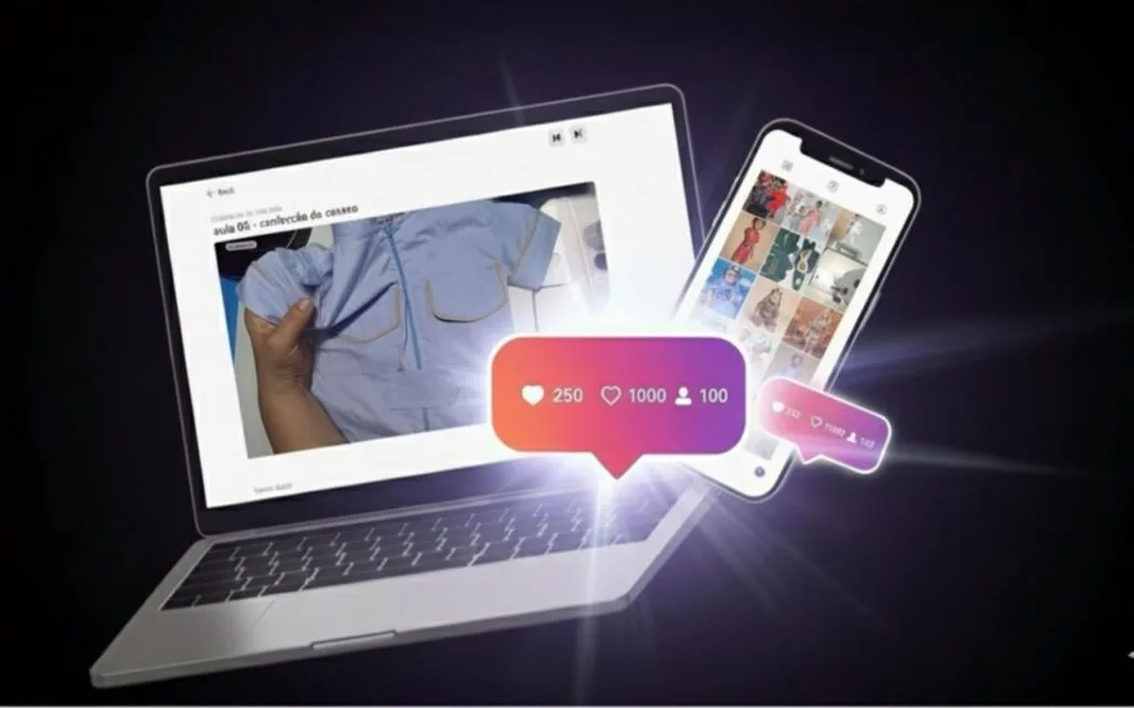 Mockup de notebook e celular mostrando feed de Instagram do ateliê com vendas acontecendo