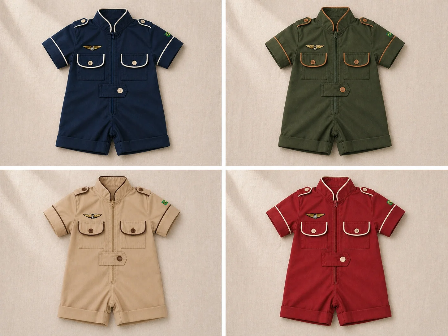 Grid 2x2 do mesmo Macacão Aviador em 4 paletas de cor — Navy Esquadrão azul-marinho profundo com vivo creme marfim · Verde Militar verde-oliva escuro com vivo cobre caramelo · Cáqui Areia vintage com vivo marrom chocolate · Vermelho Cardeal cerimonial com vivo marfim off-white — mesmo molde com gola padre, vivo nas cinco frentes, dois bolsos e lapela do ombro nas quatro versões