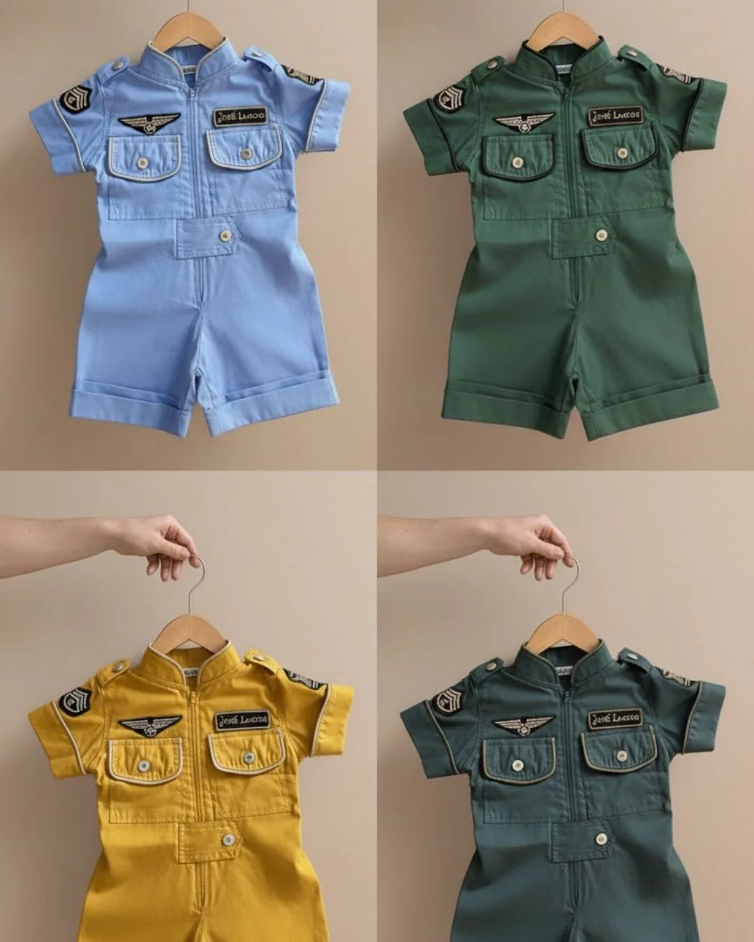 Quatro Macacões Aviador em combinações diferentes — sarja bege com viés cáqui, jeans leve com viés marfim, linho verde militar com viés bege e caramelo com viés marinho — todos com touca combinando e fivela metálica