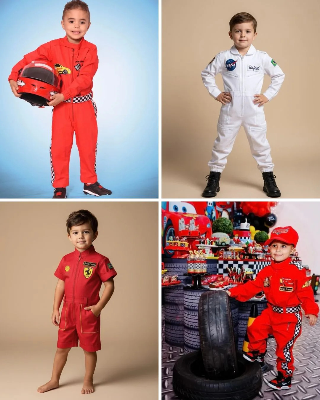 Quatro crianças vestindo outros projetos temáticos da Costuragi — macacão de corrida vermelho, astronauta NASA branco, piloto de Fórmula 1 Ferrari vermelho e corredor Cars — demonstrando a amplitude da linha masculina infantil do ateliê