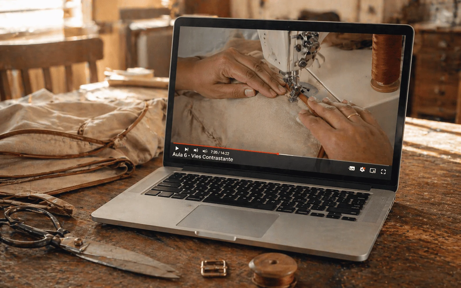 Notebook mostrando uma das aulas do Projeto Macacão Aviador — Gi costurando a borda do viés contrastante na máquina — bancada de marcenaria com tesoura vintage, carretel, fivela metálica e retalho de sarja bege