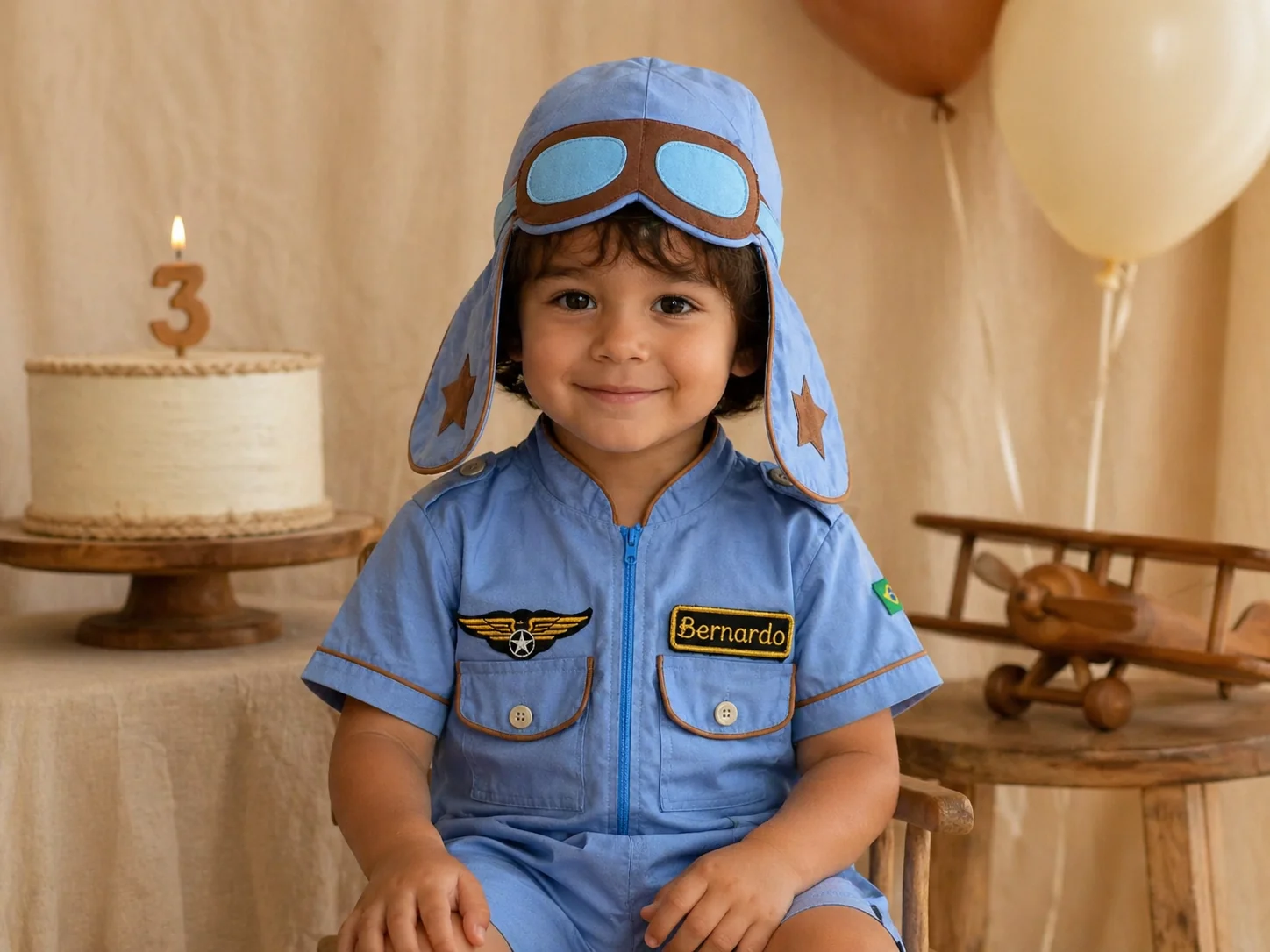 Aniversário 3 anos · criança com Macacão Aviador azul claro + touca · cubo cerimonial · bolo · Costuragi