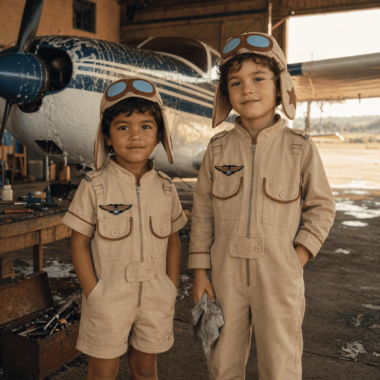 Dois meninos brasileiros lado a lado em hangar com avião vintage azul ao fundo — o menor veste o Aviador curto sarja bege com touca, o maior veste o Aviador longo com mesma paleta — demonstrando as duas versões no mesmo molde