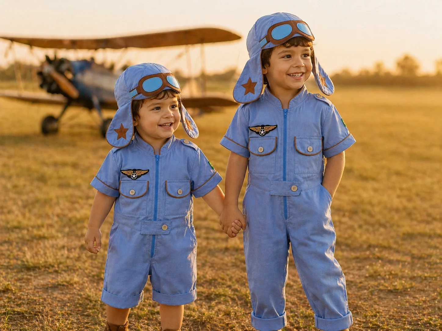 Duas crianças em macacão aviador azul claro · à esquerda versão curta · à direita versão longa com calça inteira · ambas com touca · biplano amarelo no fundo