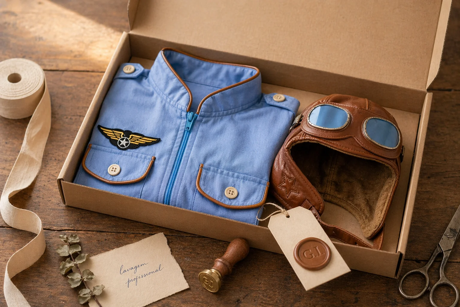 Embalagem de ateliê em papel kraft aberta sobre bancada de madeira · Macacão Aviador azul dobrado dentro com touca de couro caramelo ao lado · selo de cera caramelo com iniciais G.I. · fita de algodão cru · bilhete manuscrito 'lavagem profissional' em papel pergaminho · eucalipto seco · carimbo de cera