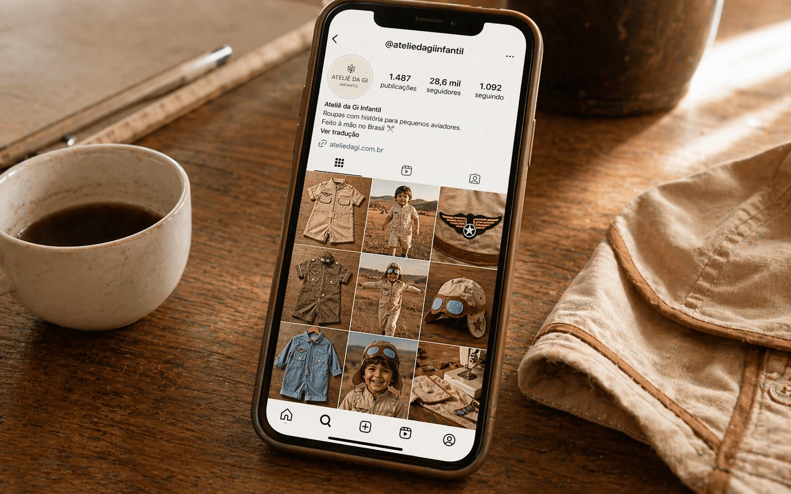 iPhone mostrando feed Instagram @ateliedagiinfantil com 9 posts do Macacão Aviador em variações de cor, cena e macro — mockup sobre bancada de ateliê com xícara de café e peça dobrada ao lado