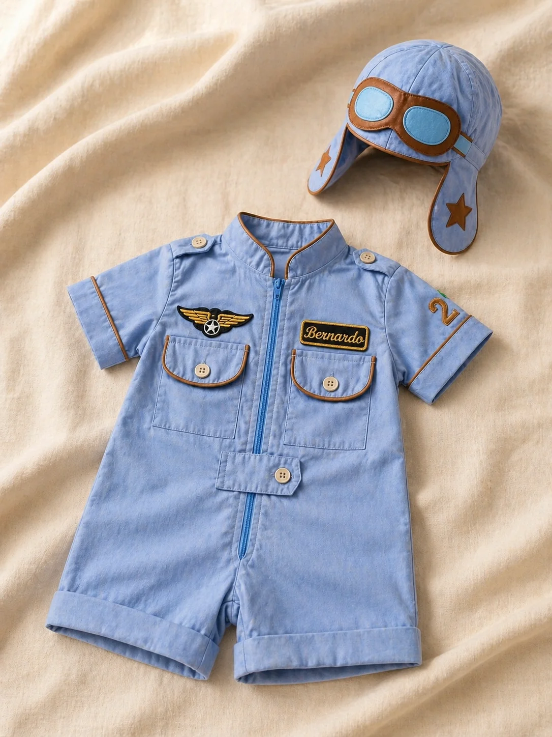 Macacão Aviador curto em tricoline azul claro com vivo cobre na gola padre · manga · bolsos · patches de asas, nome bordado e número de idade aplicados na frente · touca aviador ao lado com óculos de feltro contorno marrom e estrelas marrom-cobre nas laterais · flat lay editorial sobre tecido creme amassado
