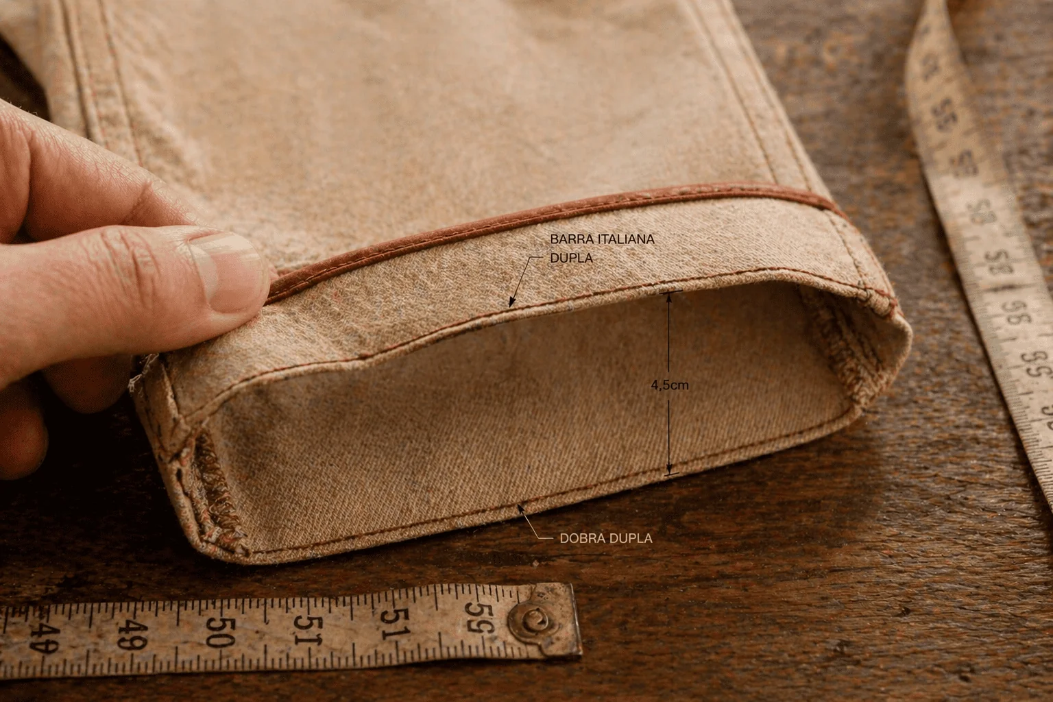 Macro da barra italiana do macacão sarja bege com bainha aberta de 4,5cm em dobra dupla, com anotações sobre a foto explicando a técnica, fita métrica vintage ao lado