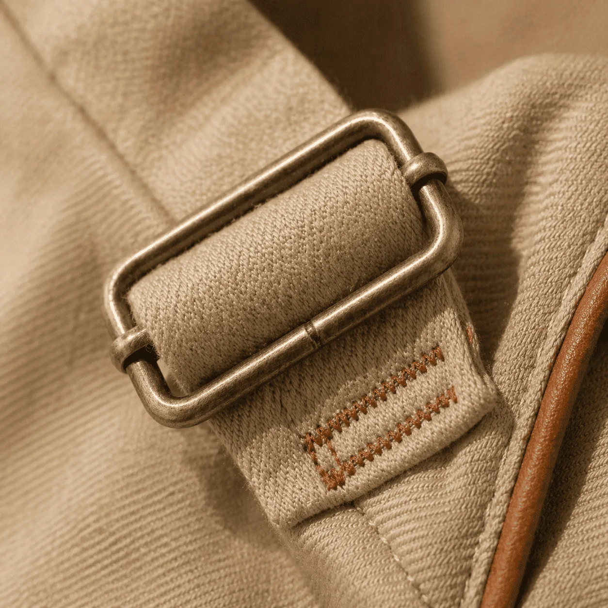 Macro da fivela metálica prateada de 20mm na alça do macacão sarja bege, com pespontos caramelo e viés contrastante