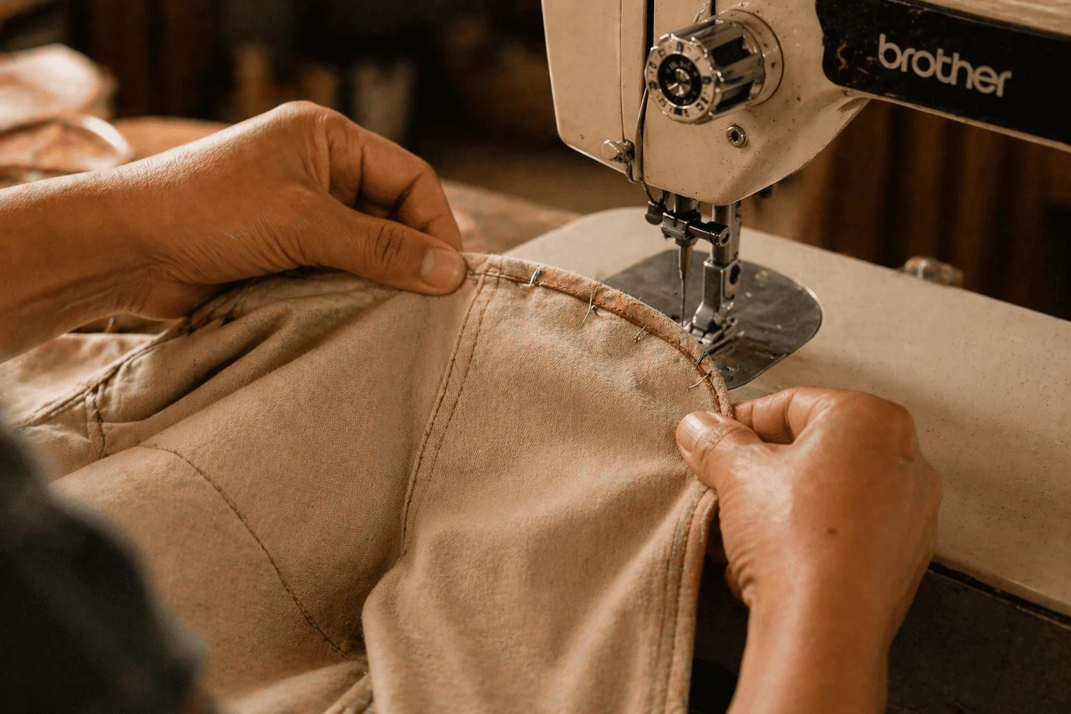 Mãos da costureira posicionando a manga sarja bege com volume natural na cava do macacão sob a máquina Brother — técnica de embebedação que diferencia profissional de amador