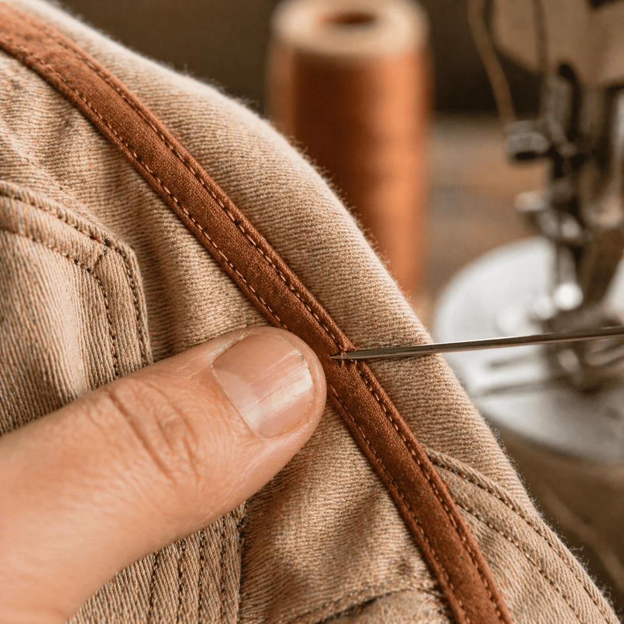 Macro de mão dando pique de tesoura no viés caramelo sobre a borda curva do macacão sarja bege, com agulha posicionada e máquina de costura desfocada ao fundo — a técnica que mostra a excelência do trabalho