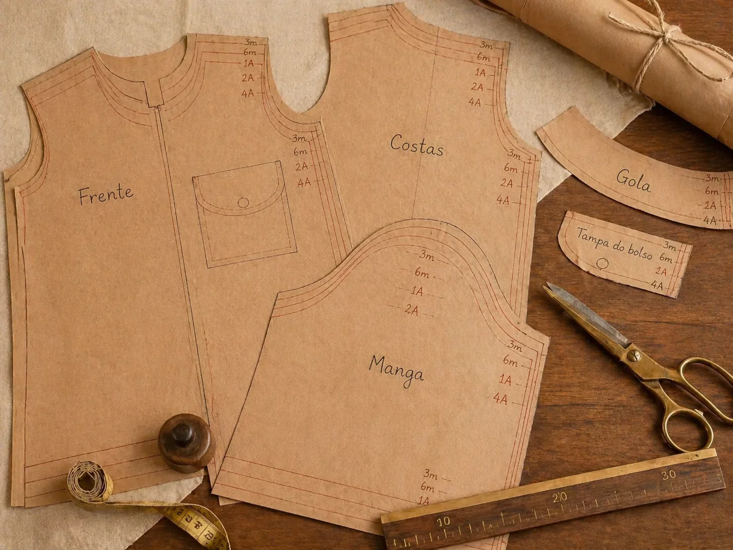 Moldes graduados do Macacão Aviador impressos em papel kraft · Frente · Costas · Manga · Gola · Tampa do bolso · sobre bancada de ateliê com tesoura e régua