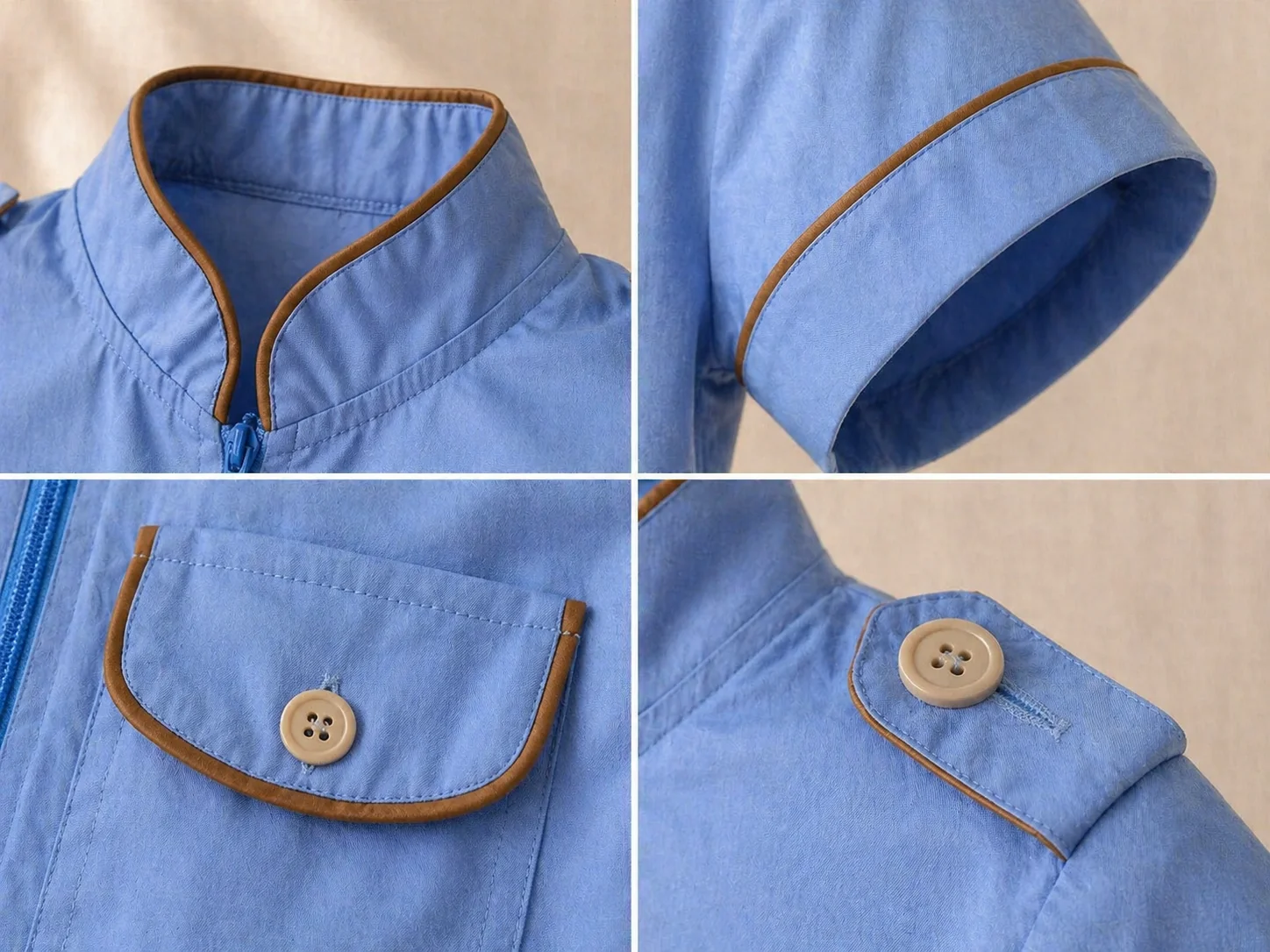 Grid 2x2 de macros do Macacão Aviador azul claro · gola padre arredondada com vivo cobre e zíper frontal · barra da manga com vivo cobre e botão · tampa do bolso com vivo cobre e botão cor do vivo · lapela do ombro com botão · todas as 5 frentes do vivo aplicado