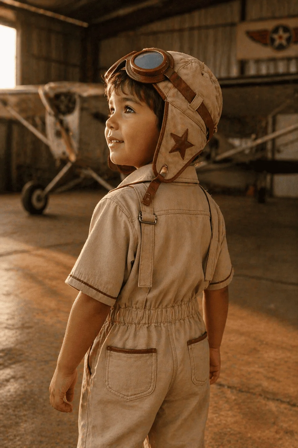 Menino brasileiro de costas-3/4 vestindo o macacão Aviador completo em sarja bege com touca de aviador + óculos posicionados acima do meio da cabeça (efeito 'levantou e pôs em cima'), estrela caramelo visível na orelha — em hangar de aviação vintage com avião e estrela militar pintada na parede ao fundo